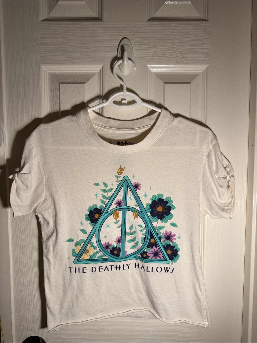 Harry Potter Deathly Hallows Floral Crop Tee with Teal and Purple Accents